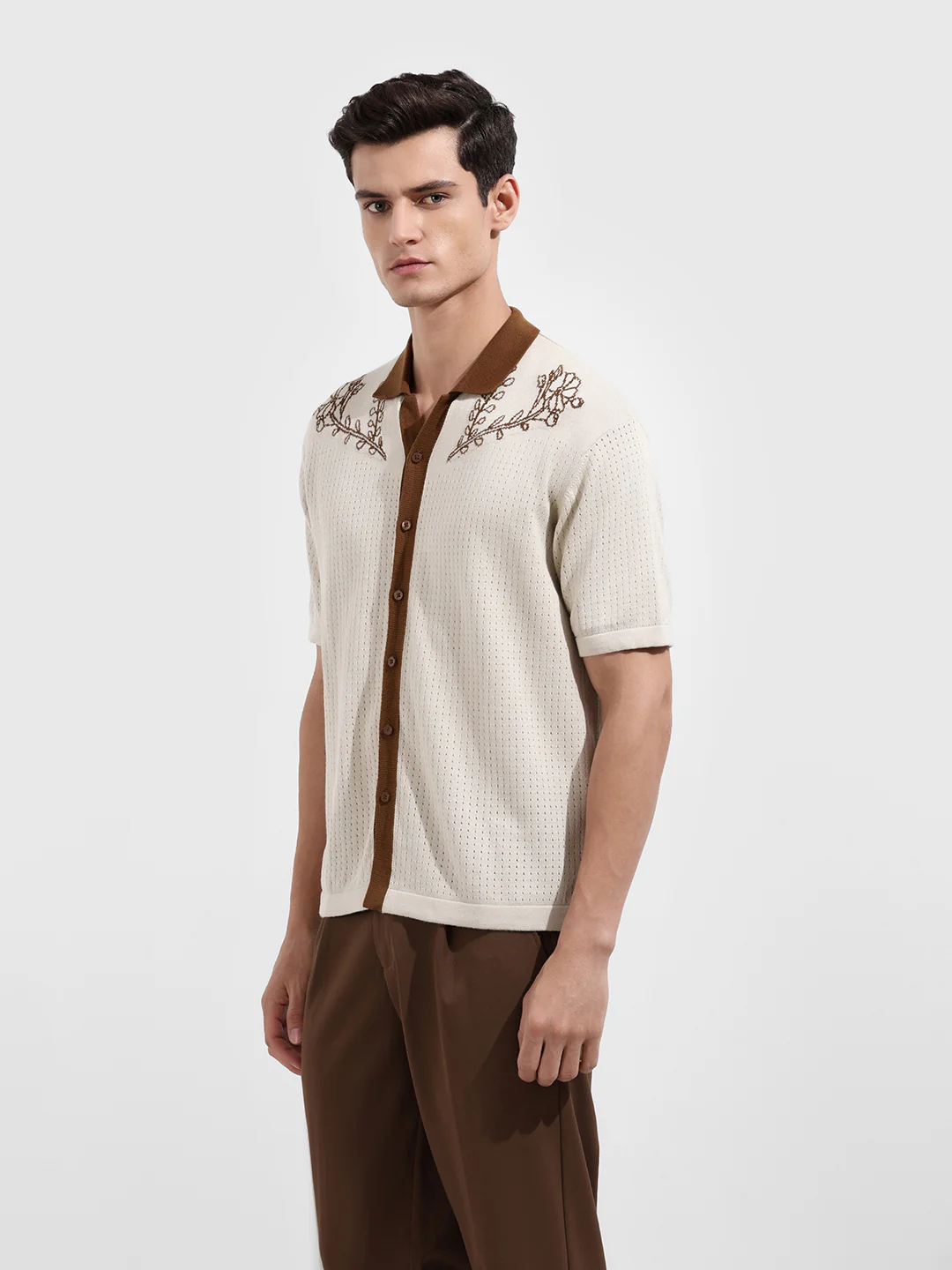 Men's Cream Oversized Fit Embroidered Flat Knit Shirt - Image 4