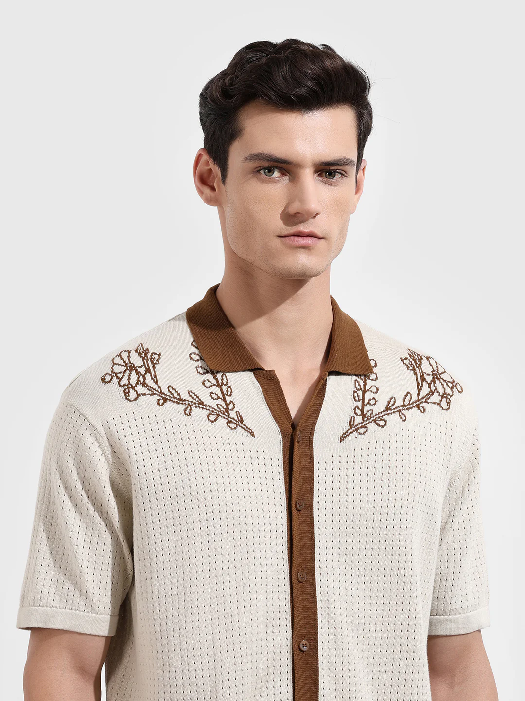 Men's Cream Oversized Fit Embroidered Flat Knit Shirt - Image 5