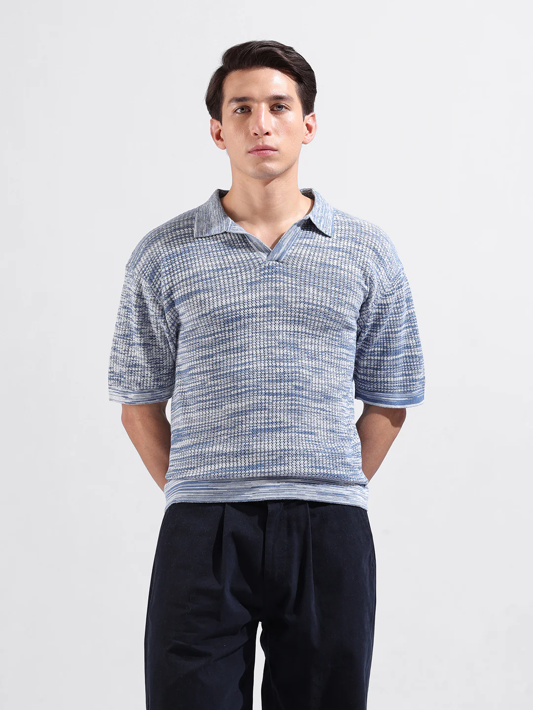 Men's Blue Oversized Fit Solid Flat Knit T-Shirt - Image 2
