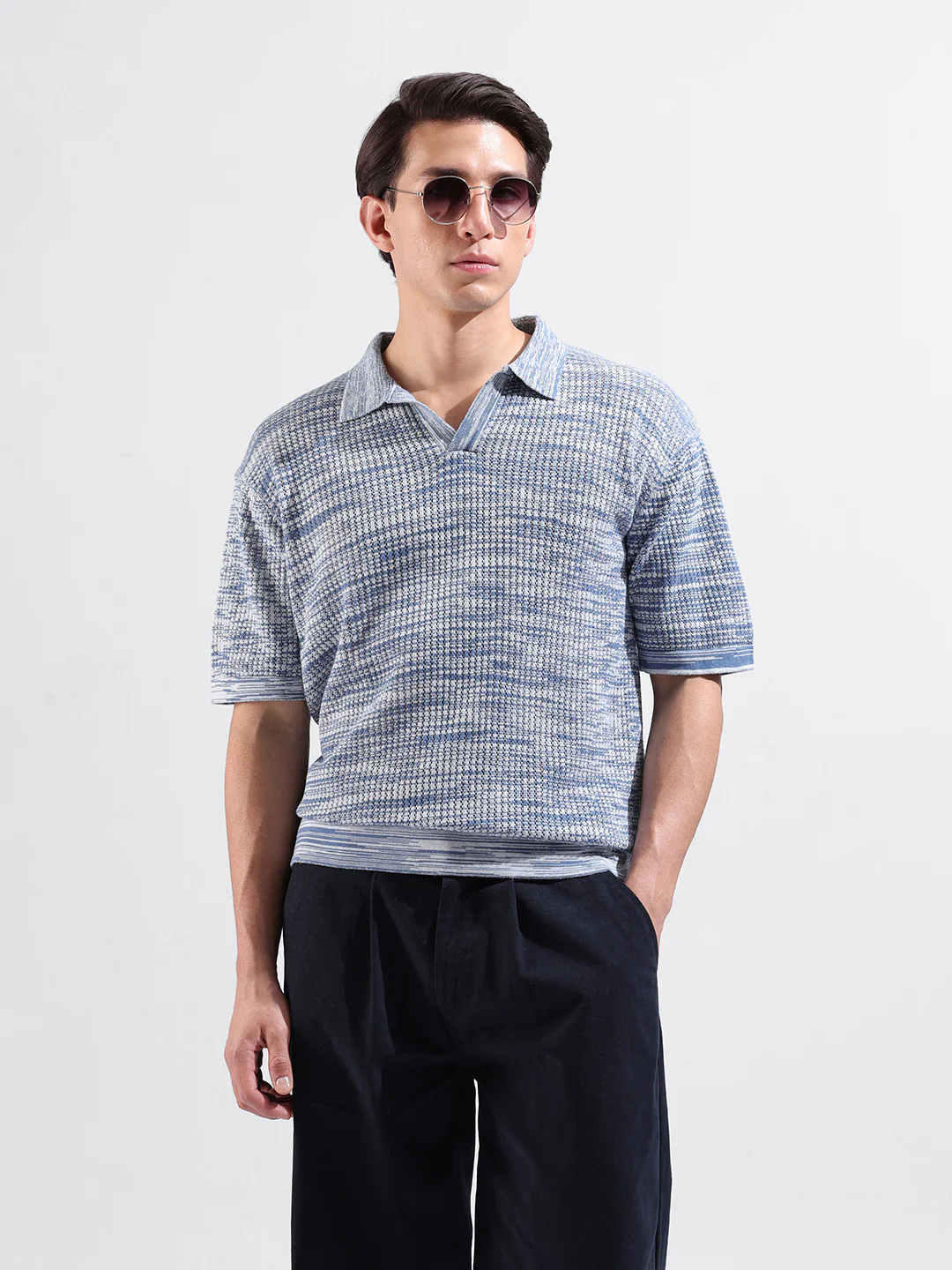 Men's Blue Oversized Fit Solid Flat Knit T-Shirt - Image 4