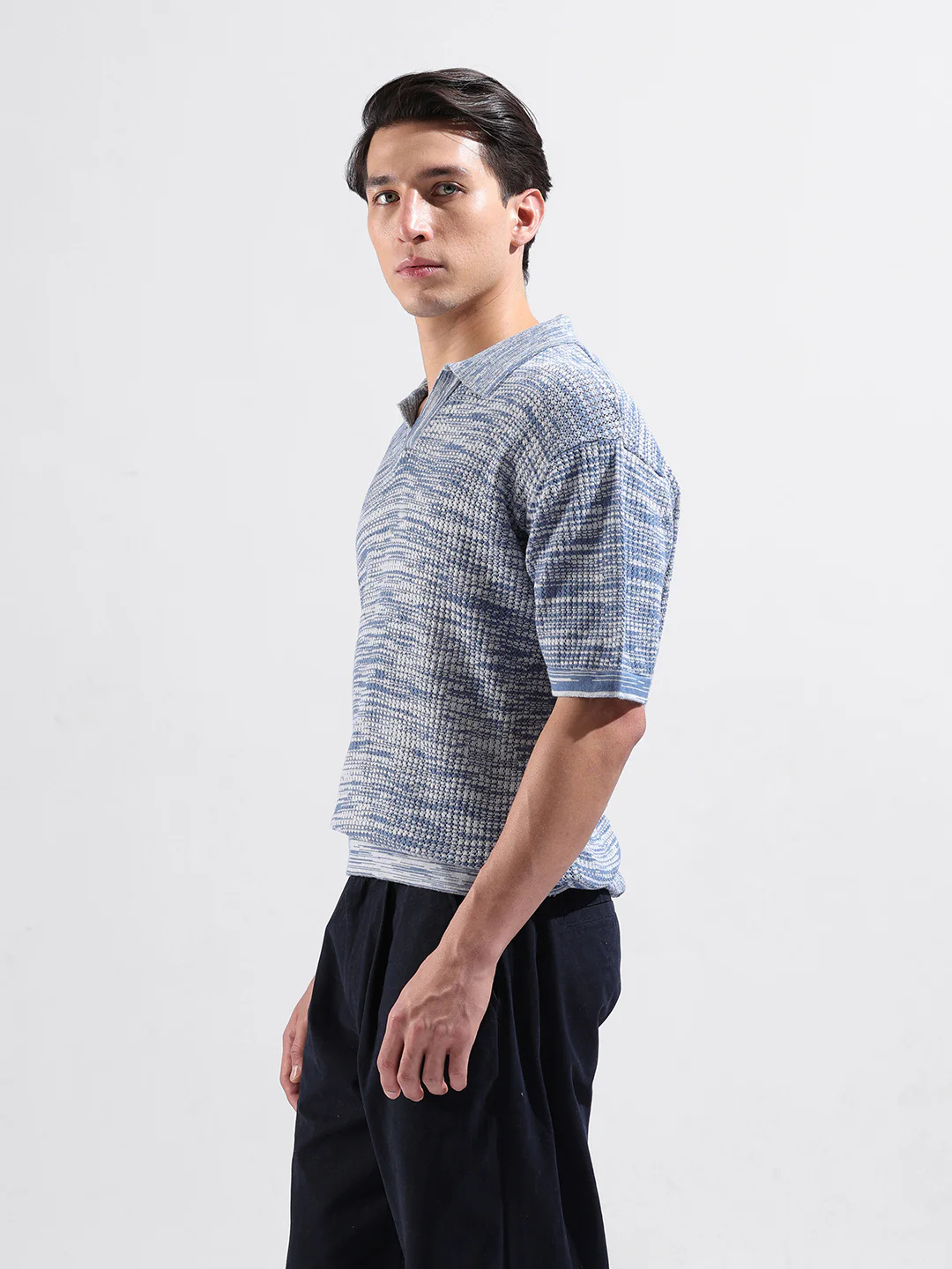 Men's Blue Oversized Fit Solid Flat Knit T-Shirt - Image 5