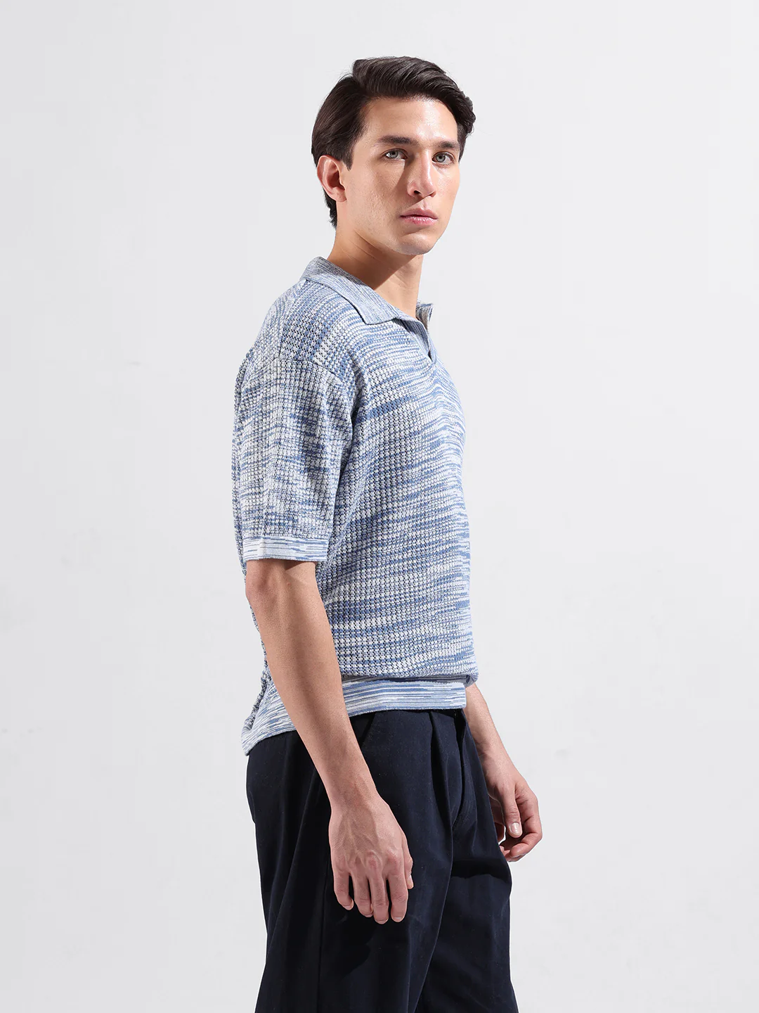 Men's Blue Oversized Fit Solid Flat Knit T-Shirt - Image 6