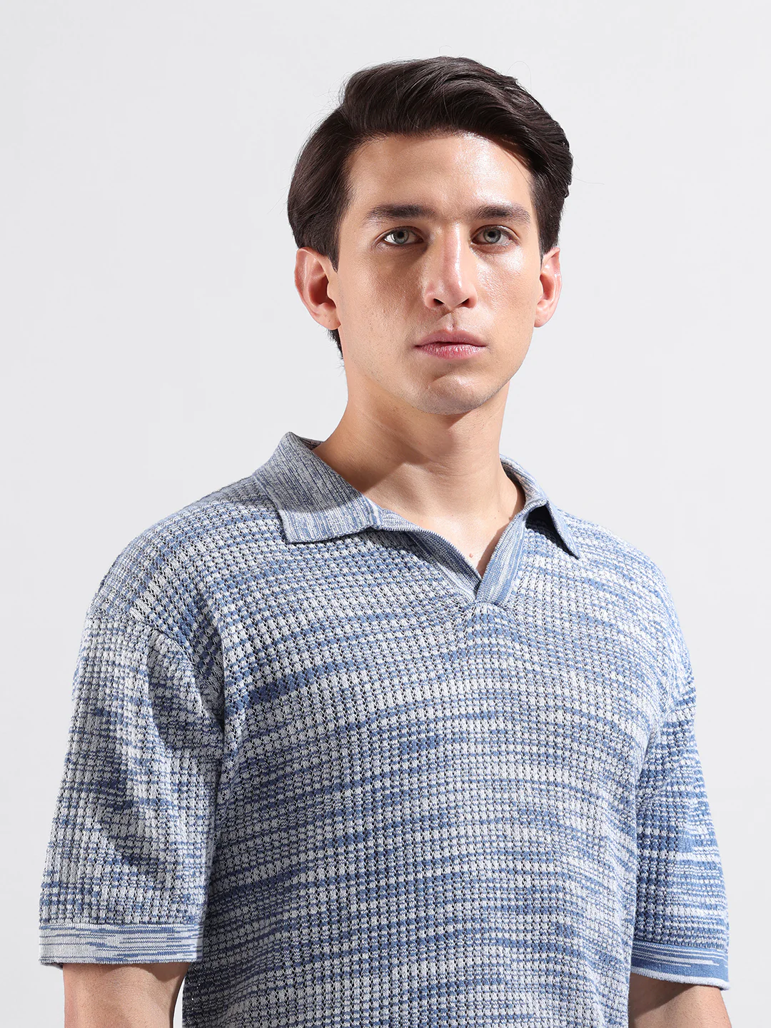 Men's Blue Oversized Fit Solid Flat Knit T-Shirt - Image 7