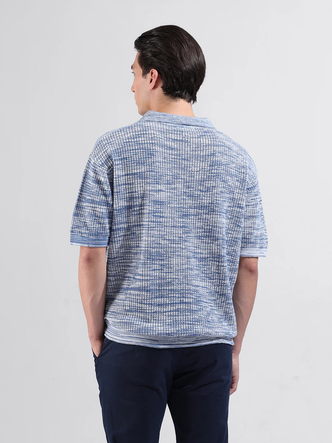 Men's Blue Oversized Fit Solid Flat Knit T-Shirt - Image 8