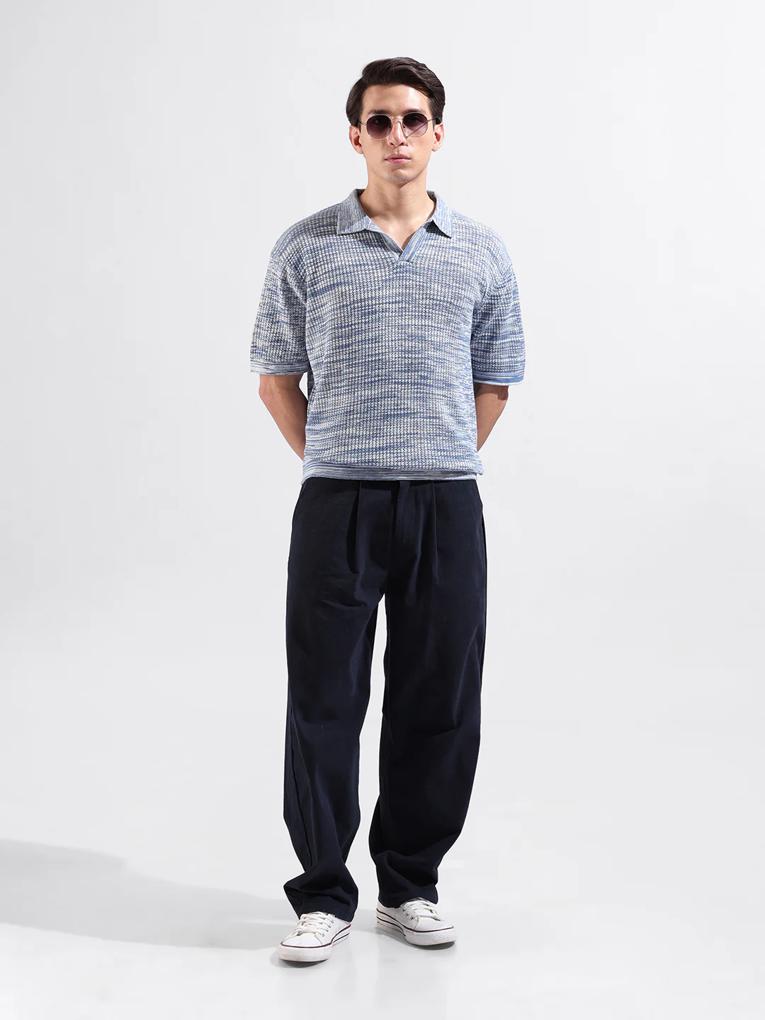 Men's Blue Oversized Fit Solid Flat Knit T-Shirt - Image 9