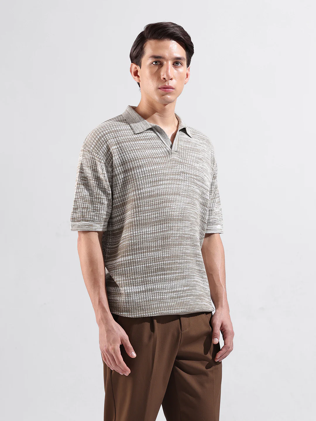 Men's Beige Oversized Fit Solid Flat Knit Polo Neck T-Shirt - Image 2