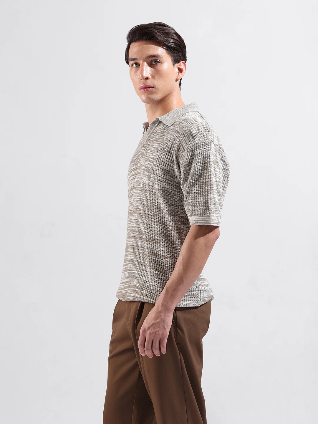 Men's Beige Oversized Fit Solid Flat Knit Polo Neck T-Shirt - Image 3