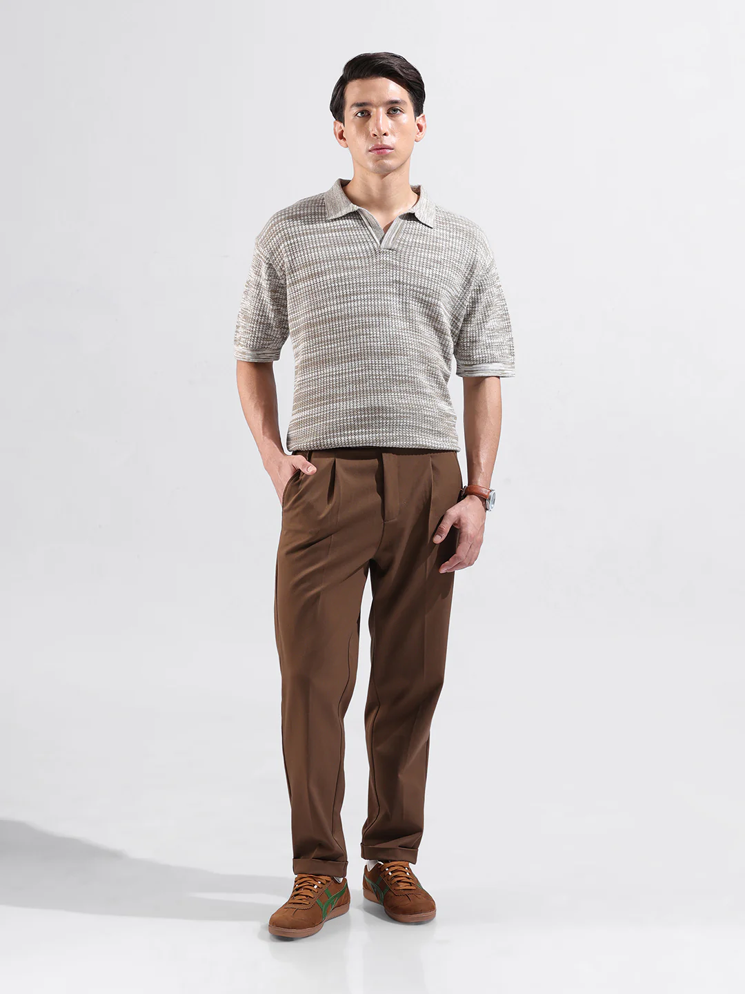 Men's Beige Oversized Fit Solid Flat Knit Polo Neck T-Shirt - Image 4