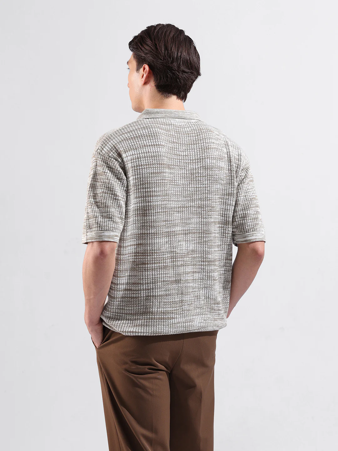 Men's Beige Oversized Fit Solid Flat Knit Polo Neck T-Shirt - Image 5