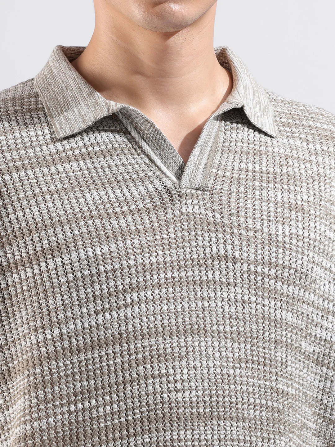 Men's Beige Oversized Fit Solid Flat Knit Polo Neck T-Shirt - Image 6