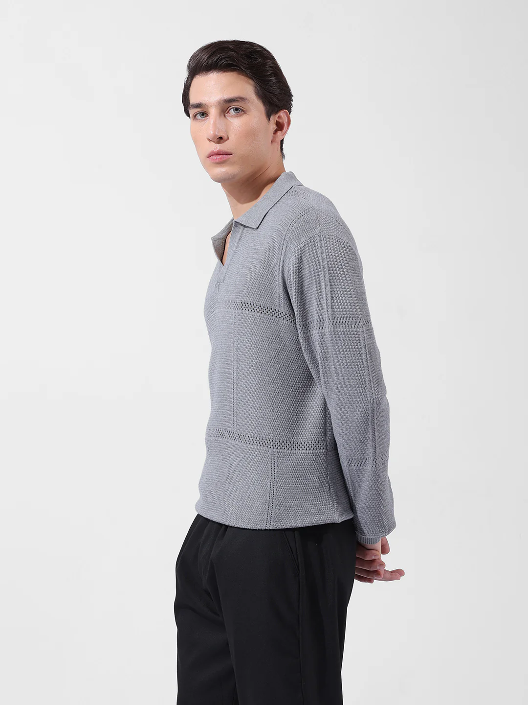 Men's Grey Oversized Fit Striped Flat Knit Polo Neck T-Shirt - Image 2