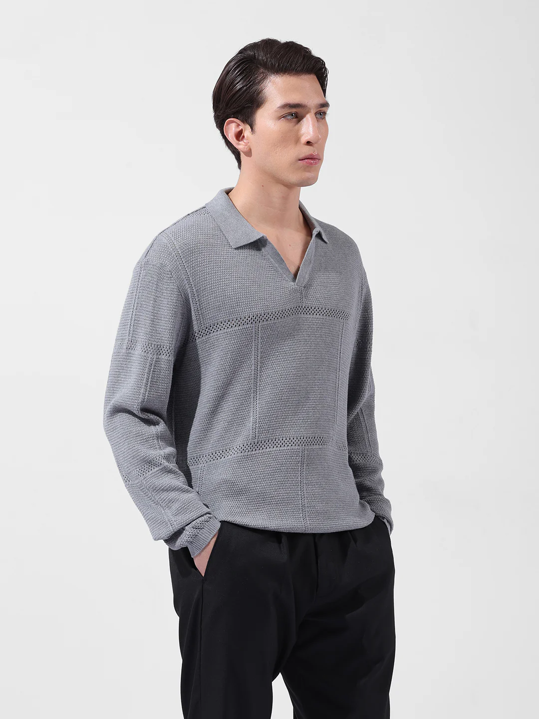 Men's Grey Oversized Fit Striped Flat Knit Polo Neck T-Shirt - Image 3