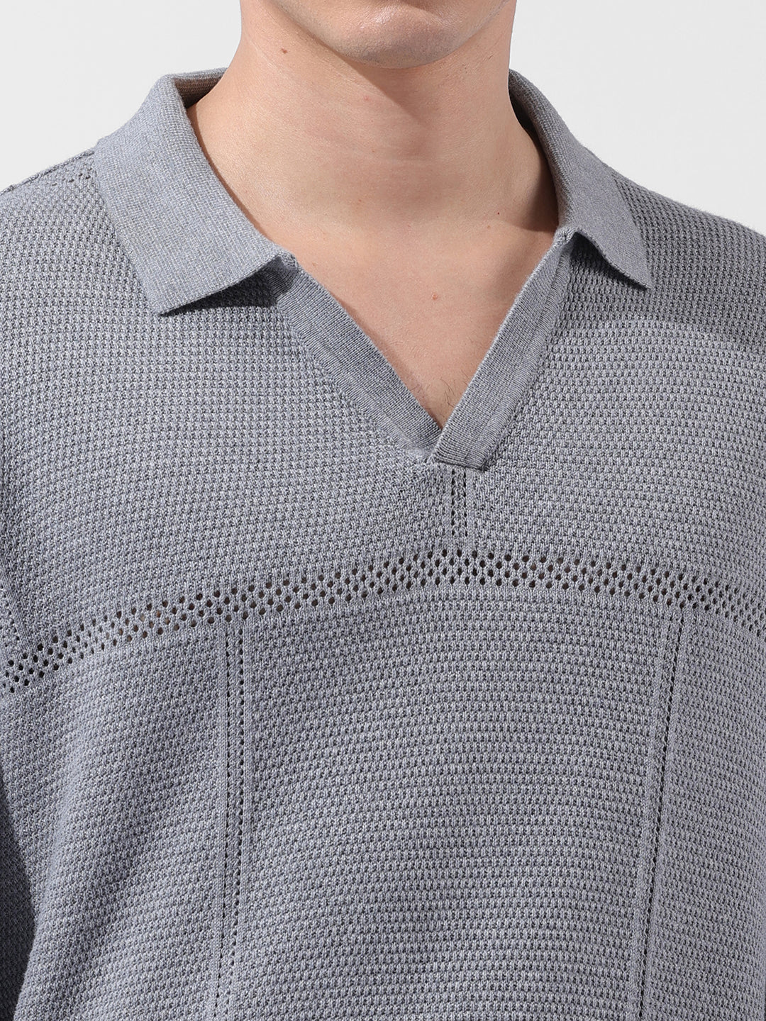 Men's Grey Oversized Fit Striped Flat Knit Polo Neck T-Shirt - Image 4