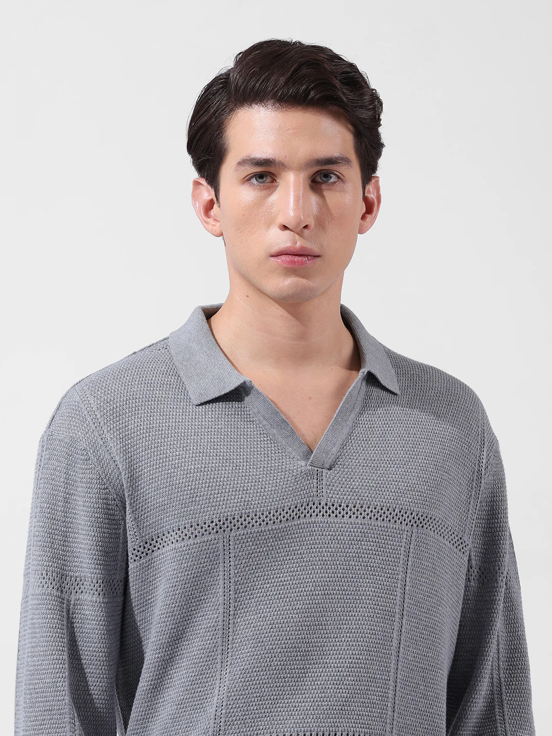 Men's Grey Oversized Fit Striped Flat Knit Polo Neck T-Shirt - Image 5