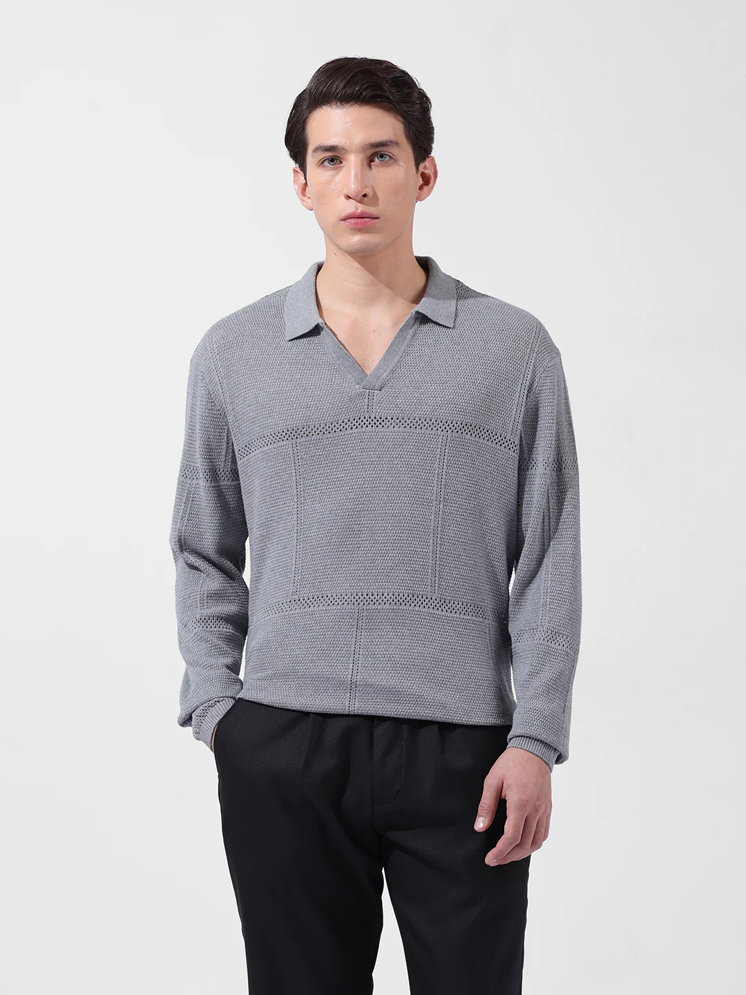 Men's Grey Oversized Fit Striped Flat Knit Polo Neck T-Shirt - Image 6