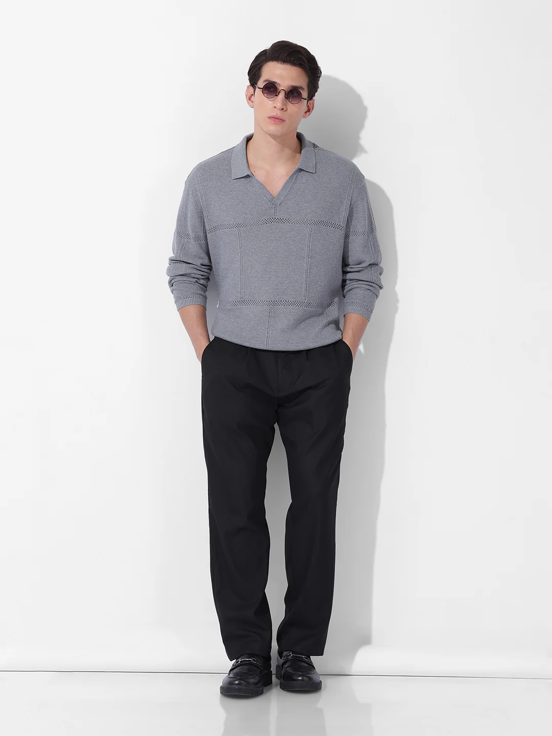 Men's Grey Oversized Fit Striped Flat Knit Polo Neck T-Shirt - Image 7