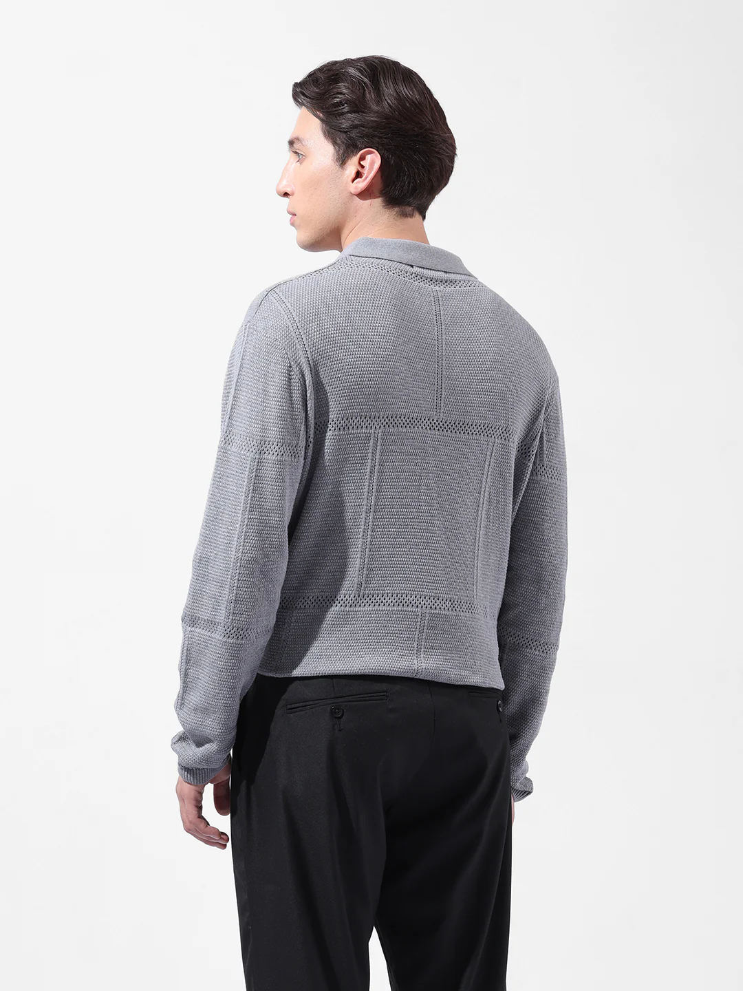 Men's Grey Oversized Fit Striped Flat Knit Polo Neck T-Shirt - Image 8