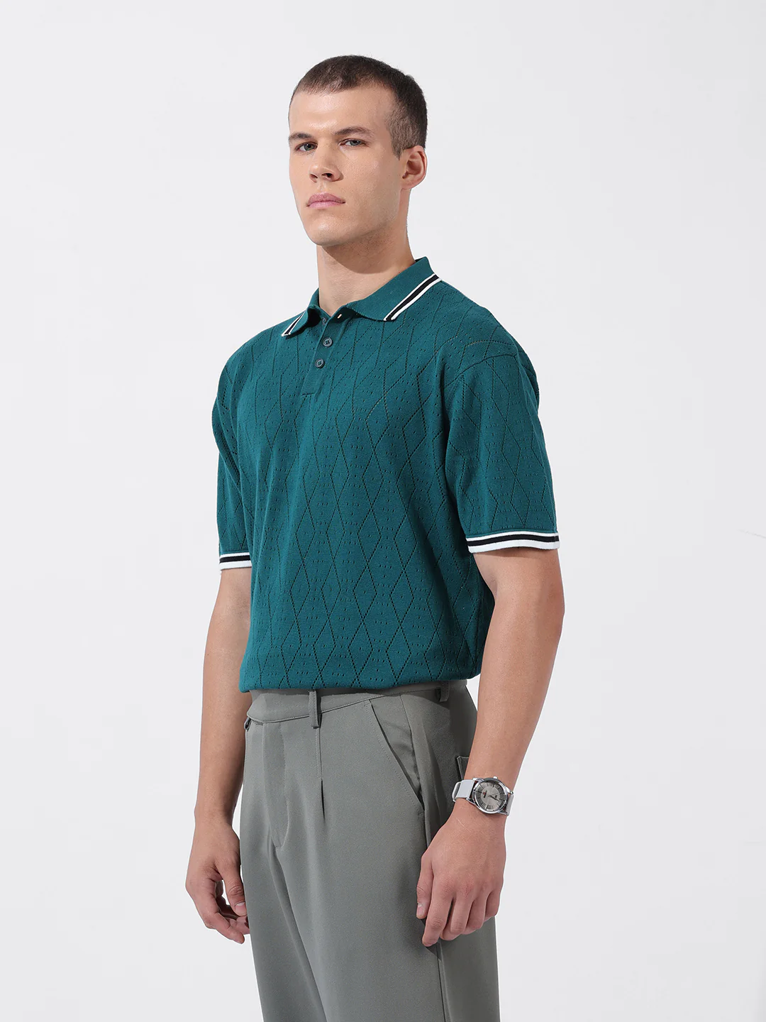 Men's Teal Oversized Fit Solid Flat Knit T-Shirt - Image 2