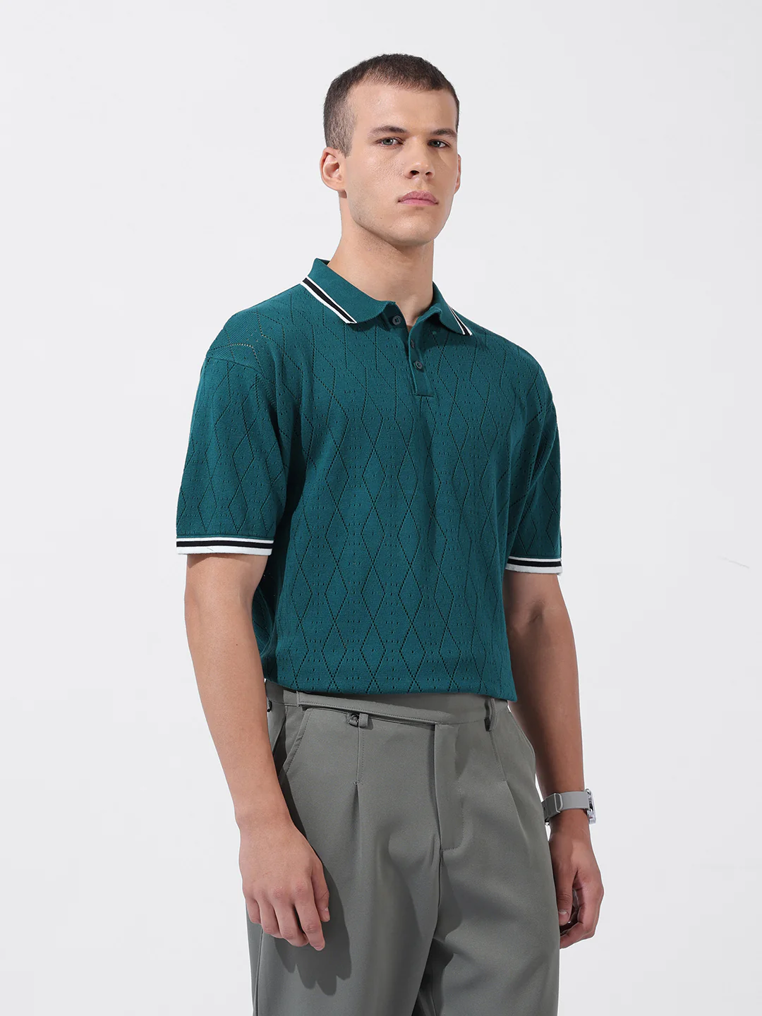 Men's Teal Oversized Fit Solid Flat Knit T-Shirt - Image 3