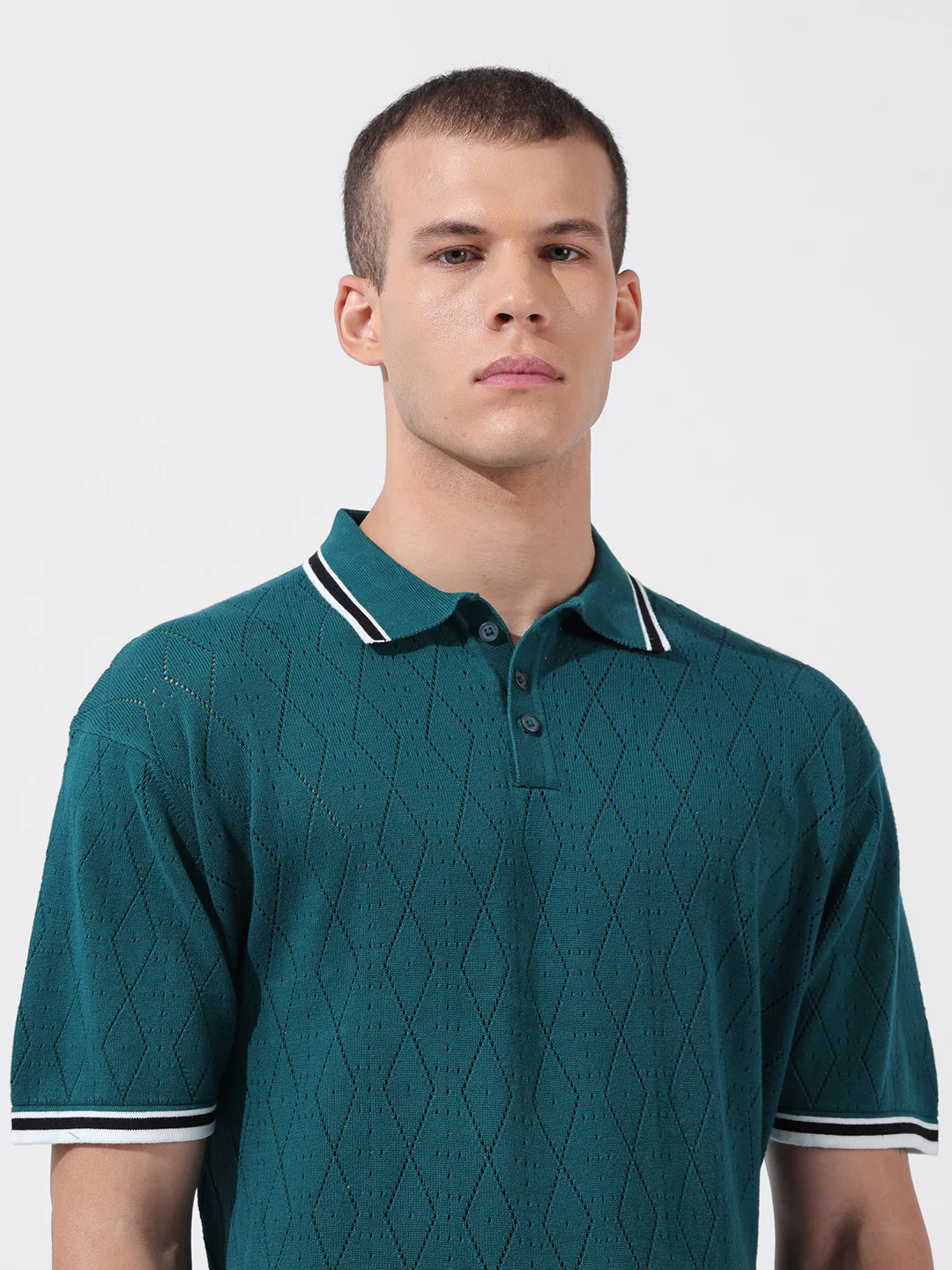 Men's Teal Oversized Fit Solid Flat Knit T-Shirt - Image 4