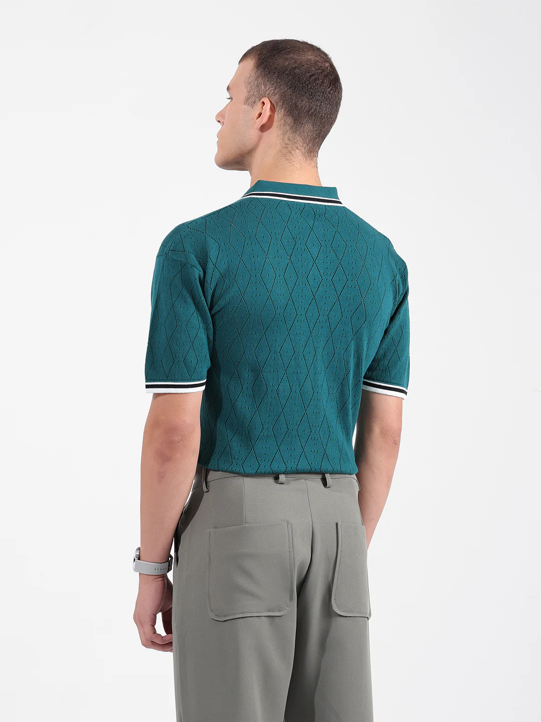 Men's Teal Oversized Fit Solid Flat Knit T-Shirt - Image 6