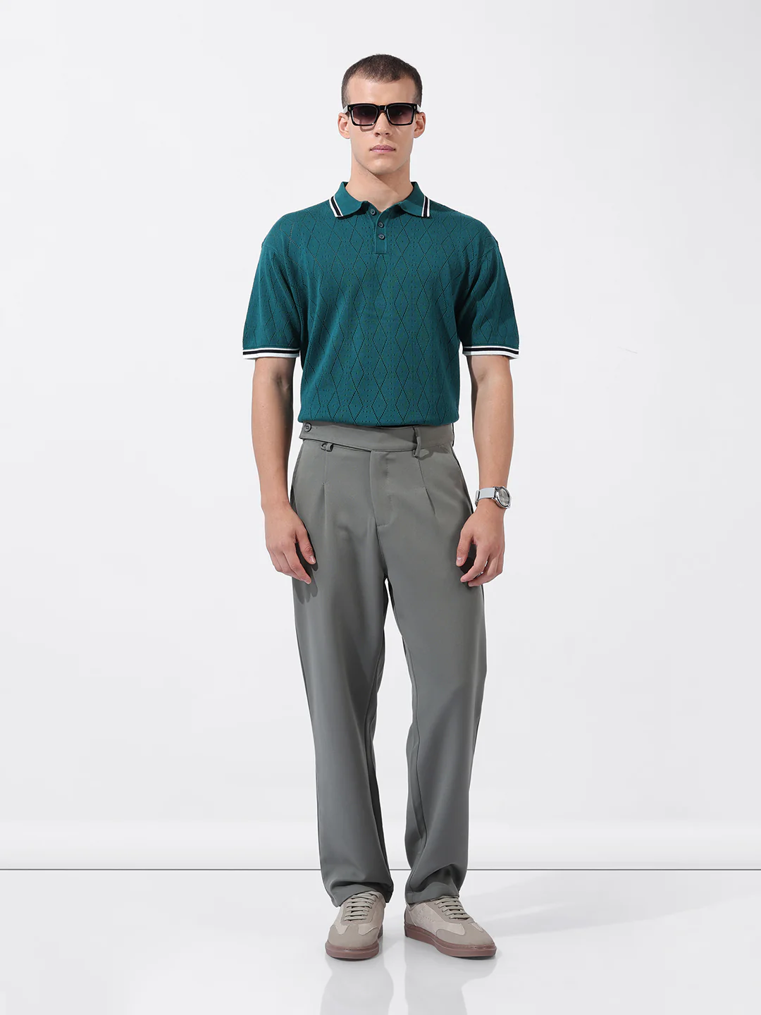 Men's Teal Oversized Fit Solid Flat Knit T-Shirt - Image 7