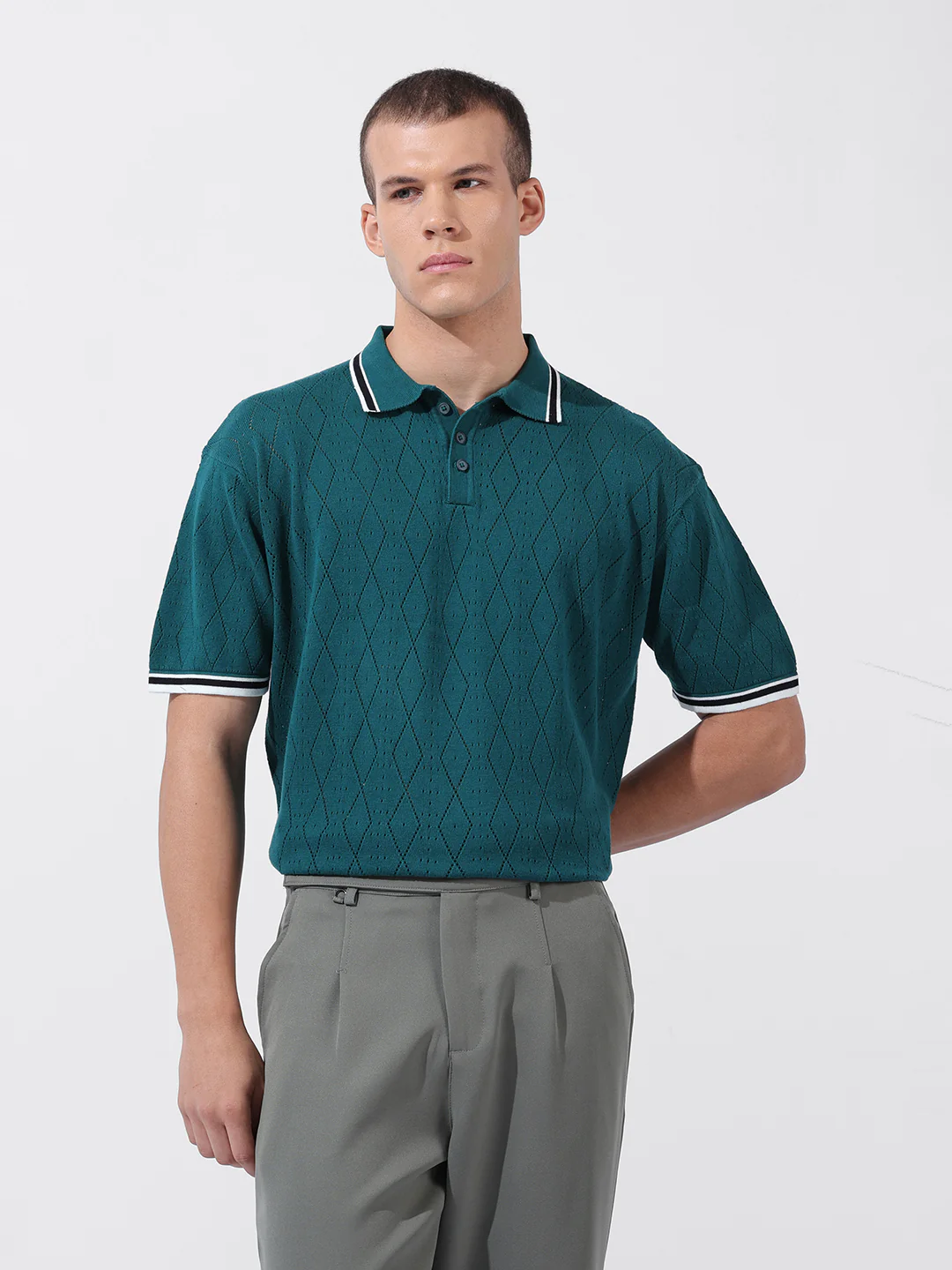 Men's Teal Oversized Fit Solid Flat Knit T-Shirt - Image 8