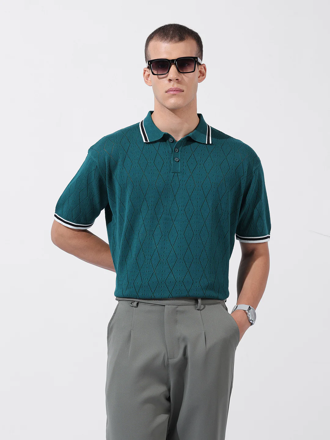 Men's Teal Oversized Fit Solid Flat Knit T-Shirt - Image 9