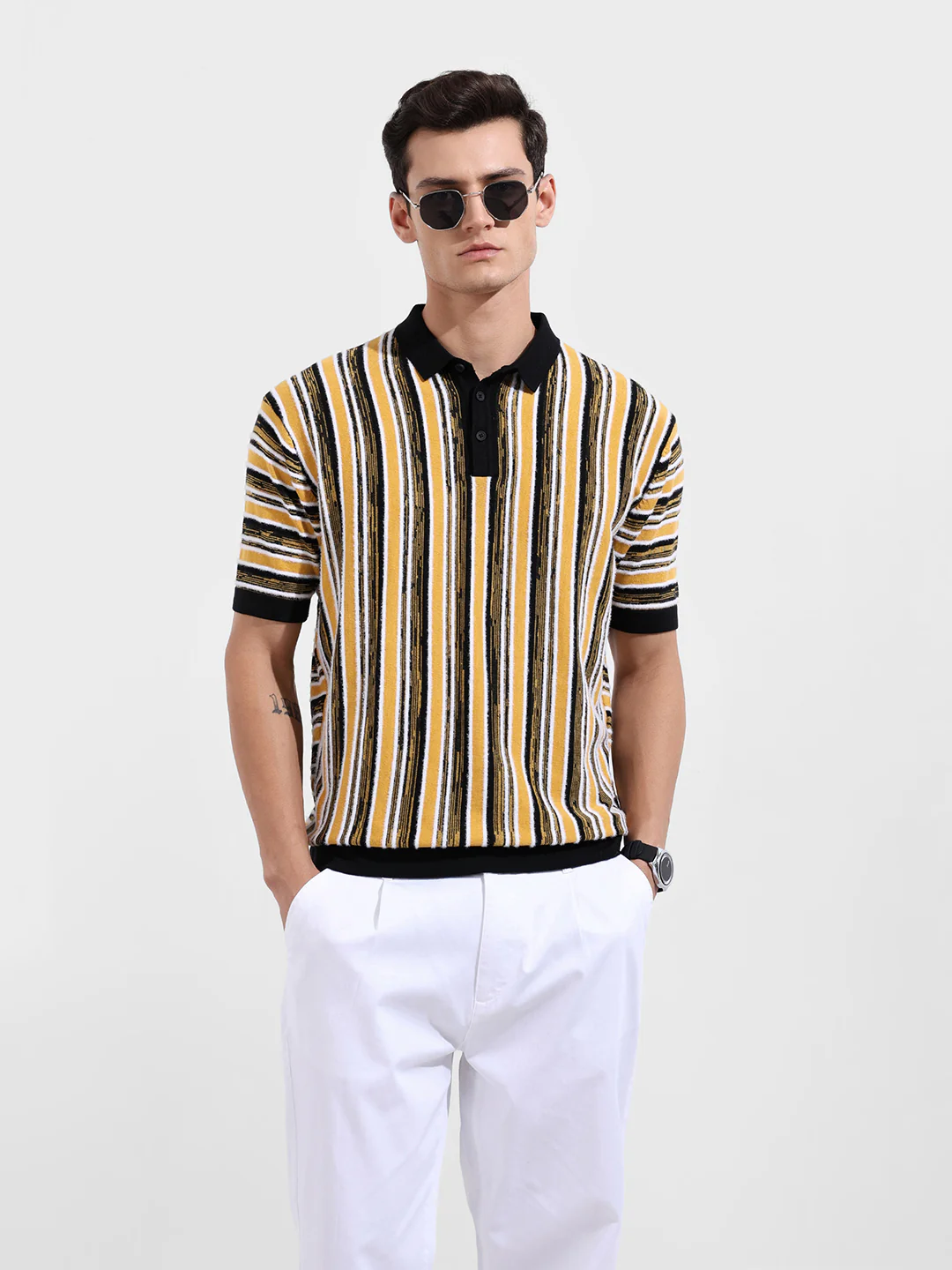 Men's Yellow Oversized Fit Striped Flat Knit T-Shirt - Image 2