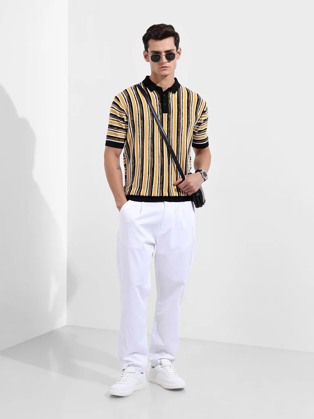 Men's Yellow Oversized Fit Striped Flat Knit T-Shirt - Image 3
