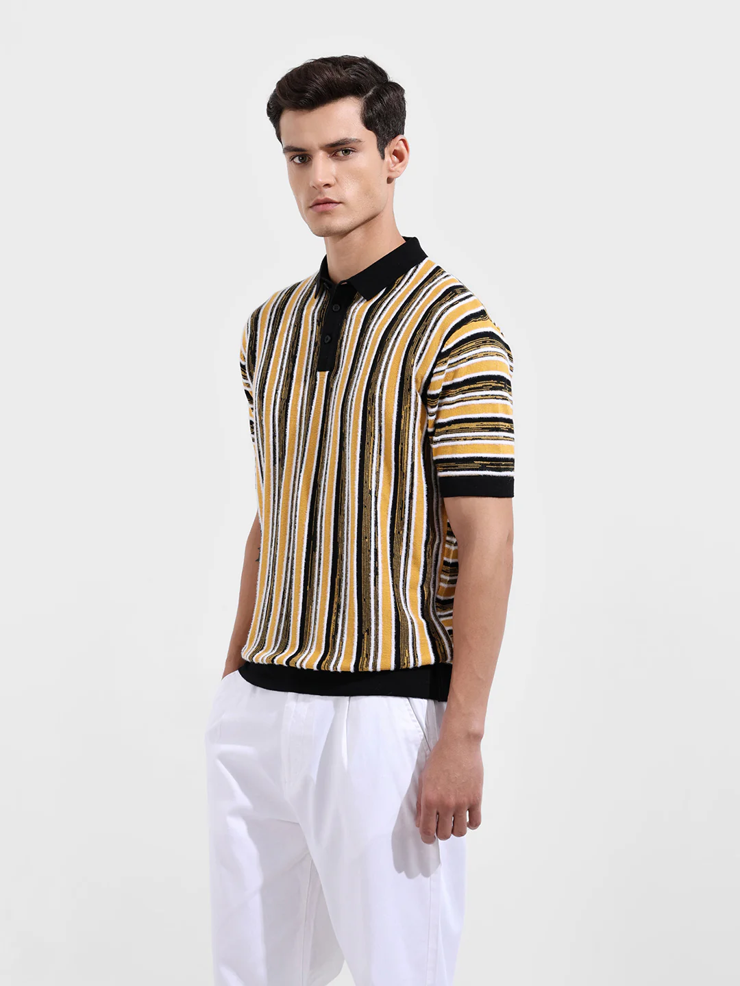 Men's Yellow Oversized Fit Striped Flat Knit T-Shirt - Image 4