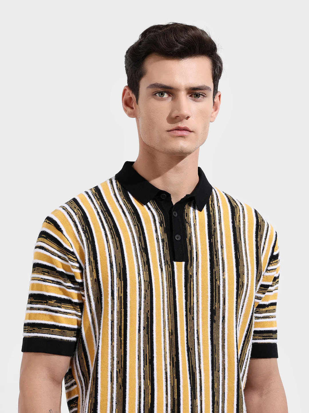 Men's Yellow Oversized Fit Striped Flat Knit T-Shirt - Image 5