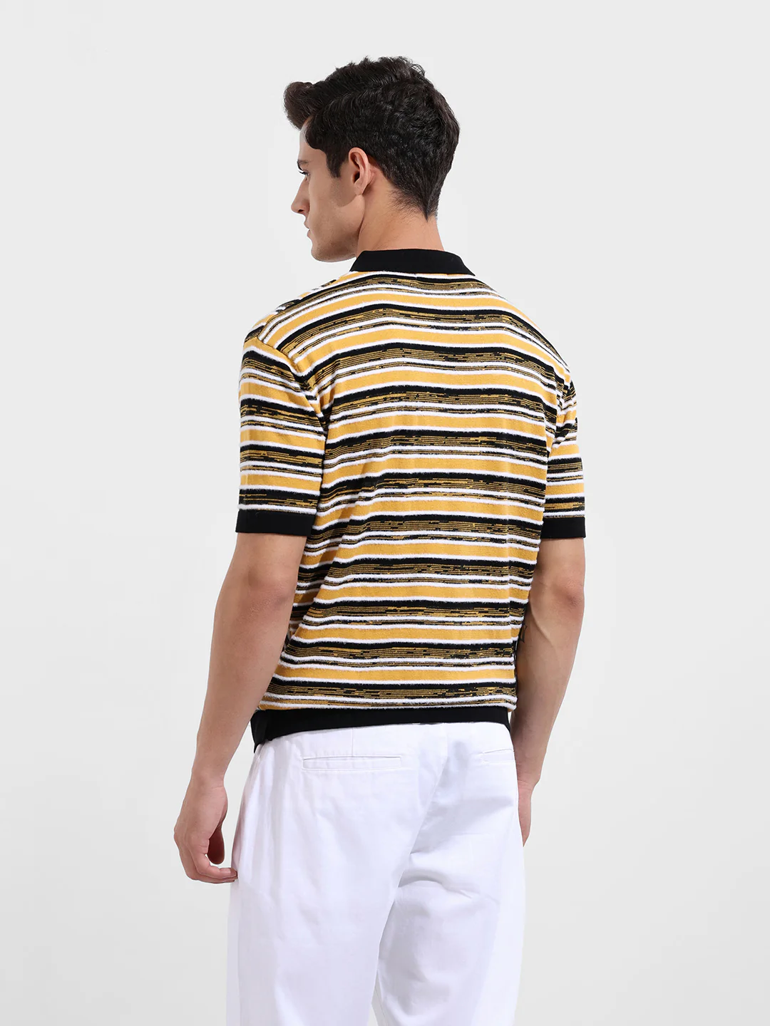 Men's Yellow Oversized Fit Striped Flat Knit T-Shirt - Image 6