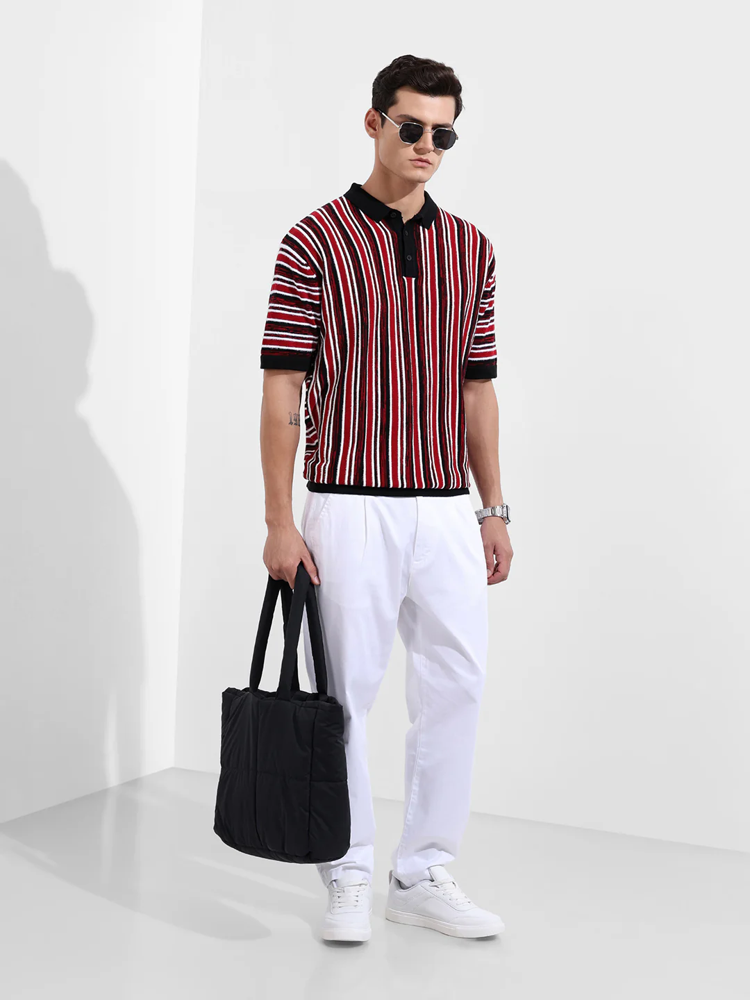 Men's Maroon Oversized Fit Striped Flat Knit T-Shirt - Image 2