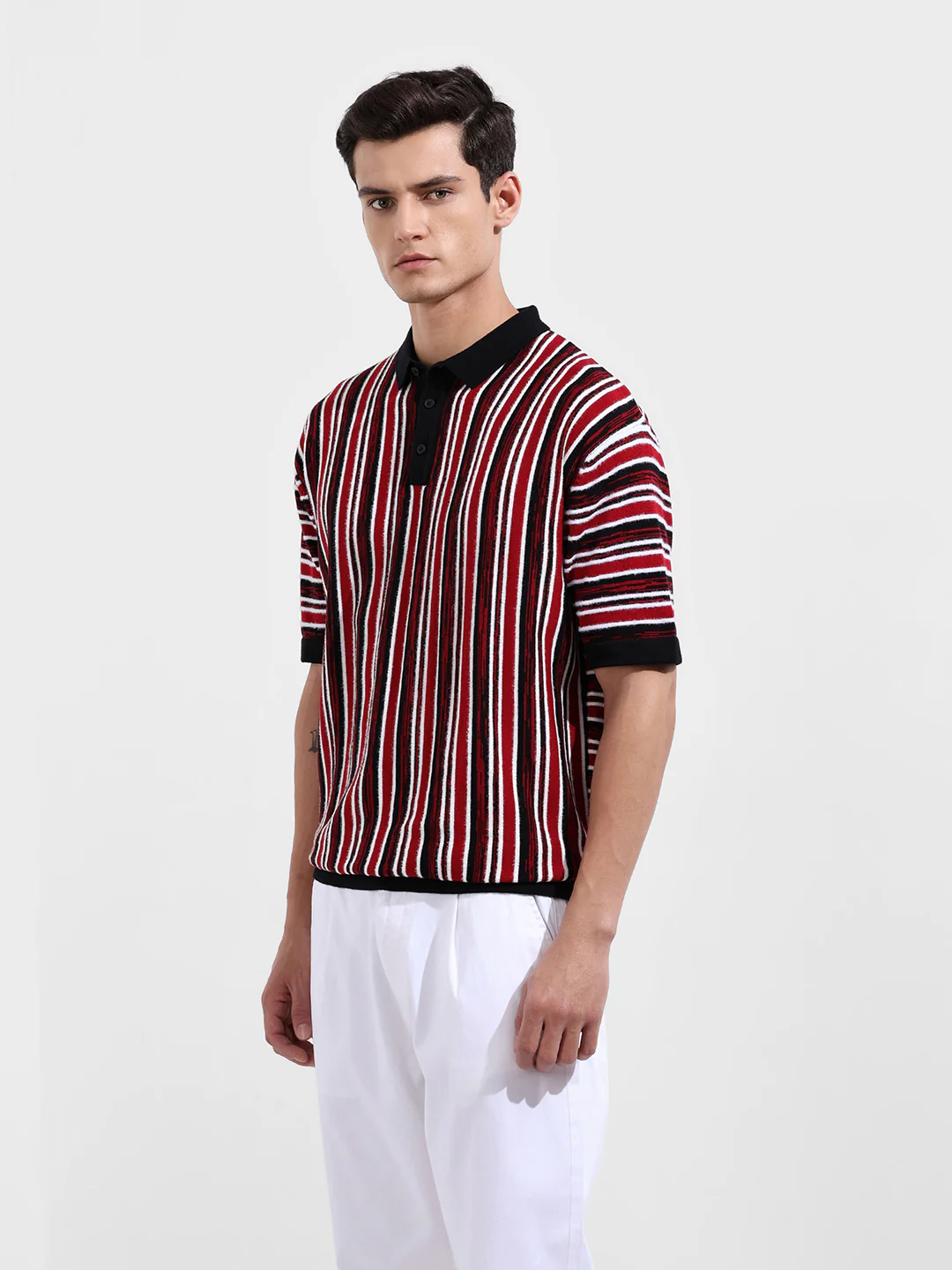 Men's Maroon Oversized Fit Striped Flat Knit T-Shirt - Image 3