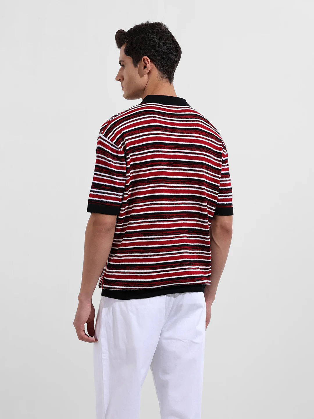 Men's Maroon Oversized Fit Striped Flat Knit T-Shirt - Image 5