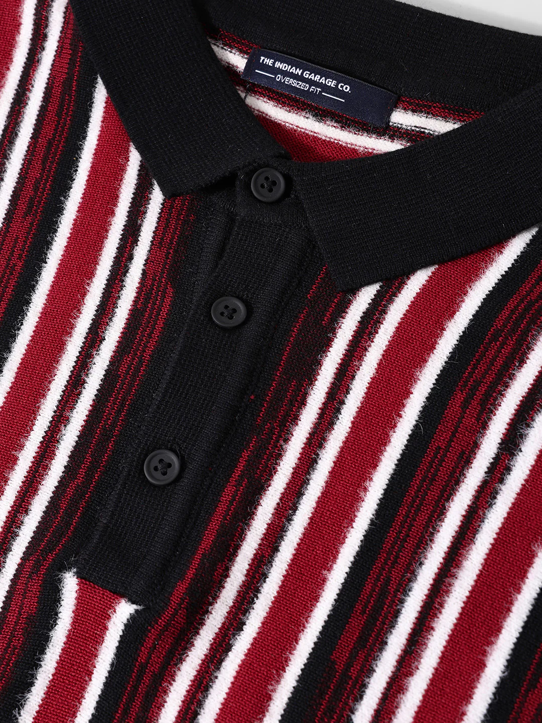 Men's Maroon Oversized Fit Striped Flat Knit T-Shirt - Image 6