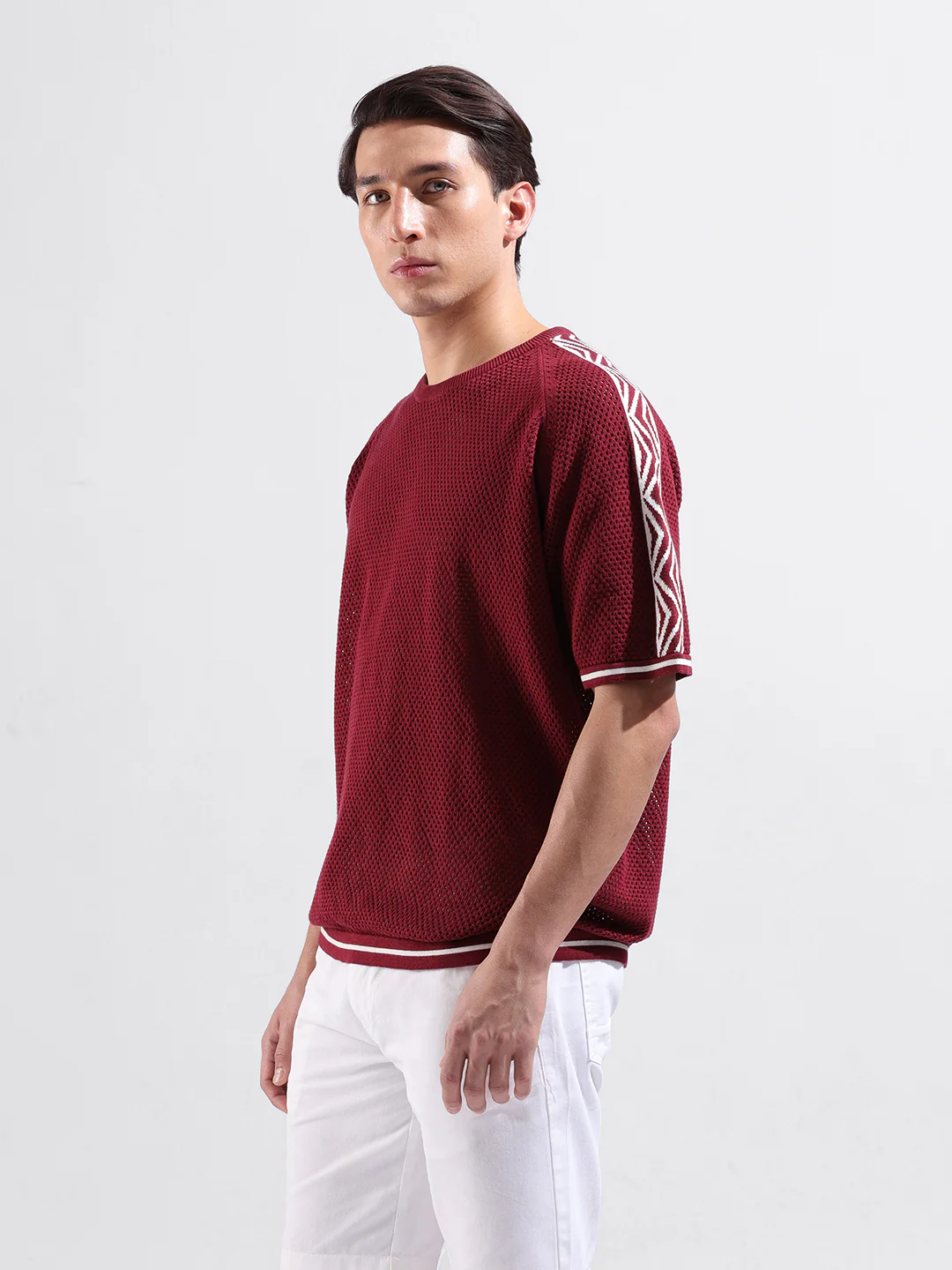 Men's Maroon Oversized Fit Solid Flat Knit Crew Neck T-Shirt - Image 2