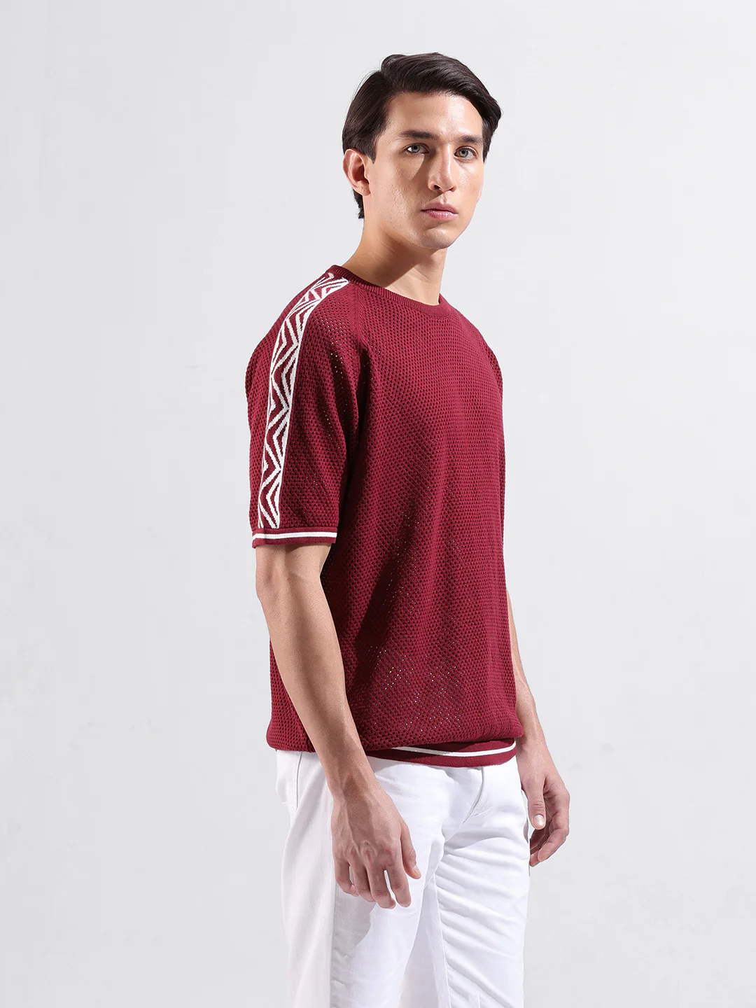Men's Maroon Oversized Fit Solid Flat Knit Crew Neck T-Shirt - Image 3