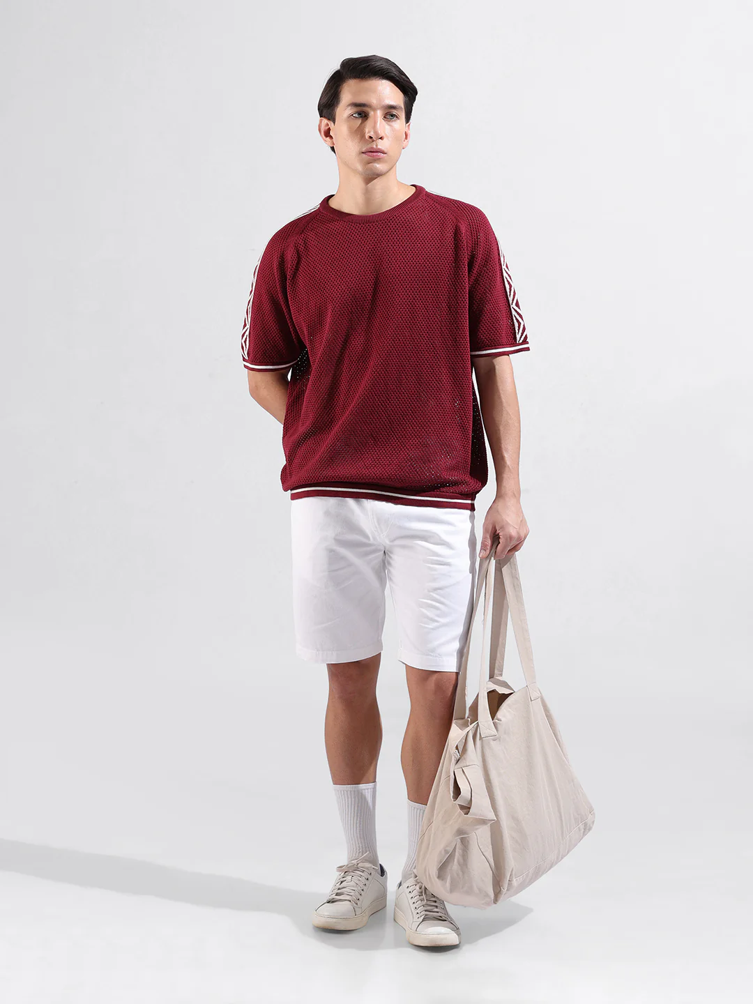 Men's Maroon Oversized Fit Solid Flat Knit Crew Neck T-Shirt - Image 4