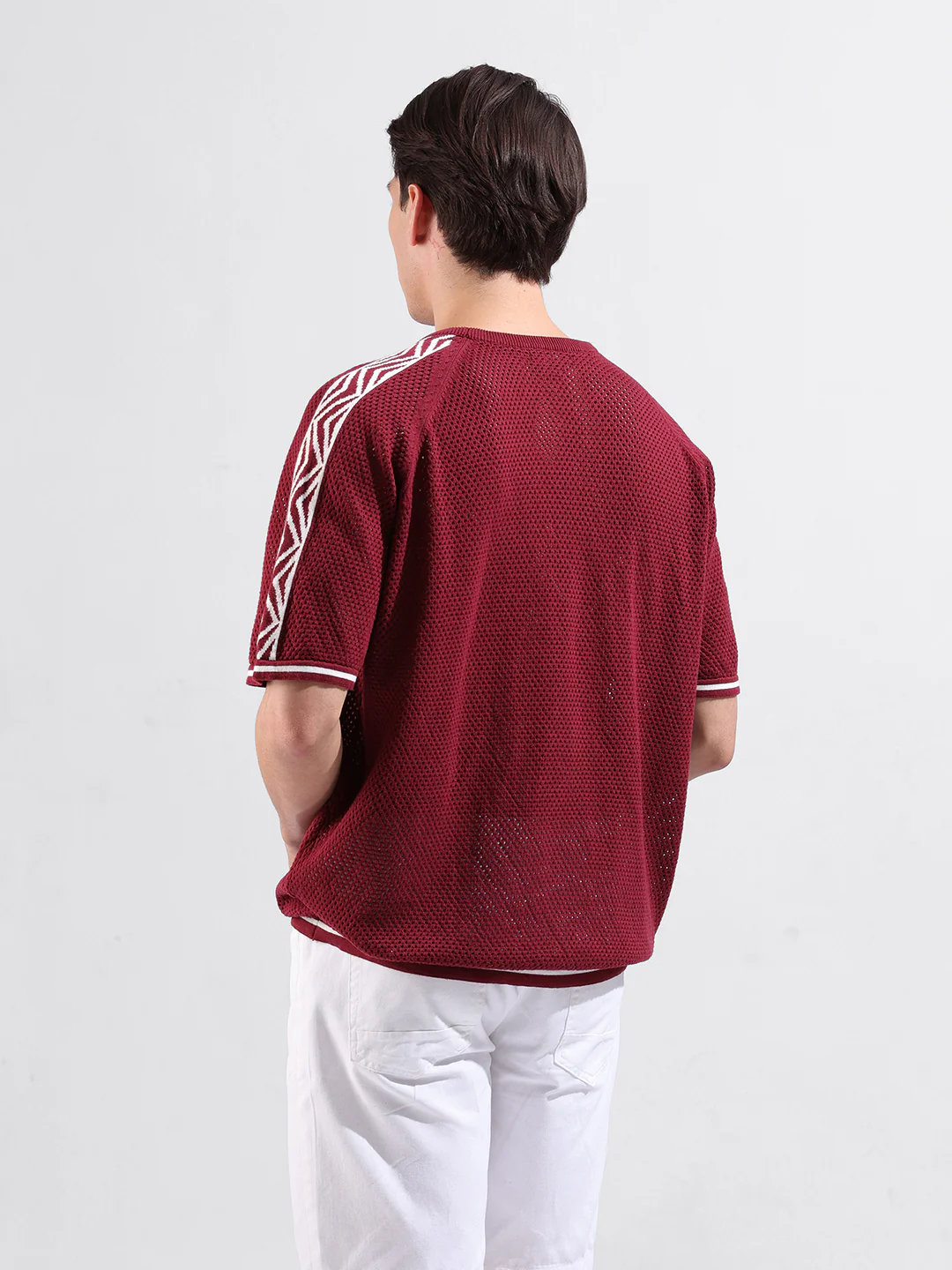 Men's Maroon Oversized Fit Solid Flat Knit Crew Neck T-Shirt - Image 5