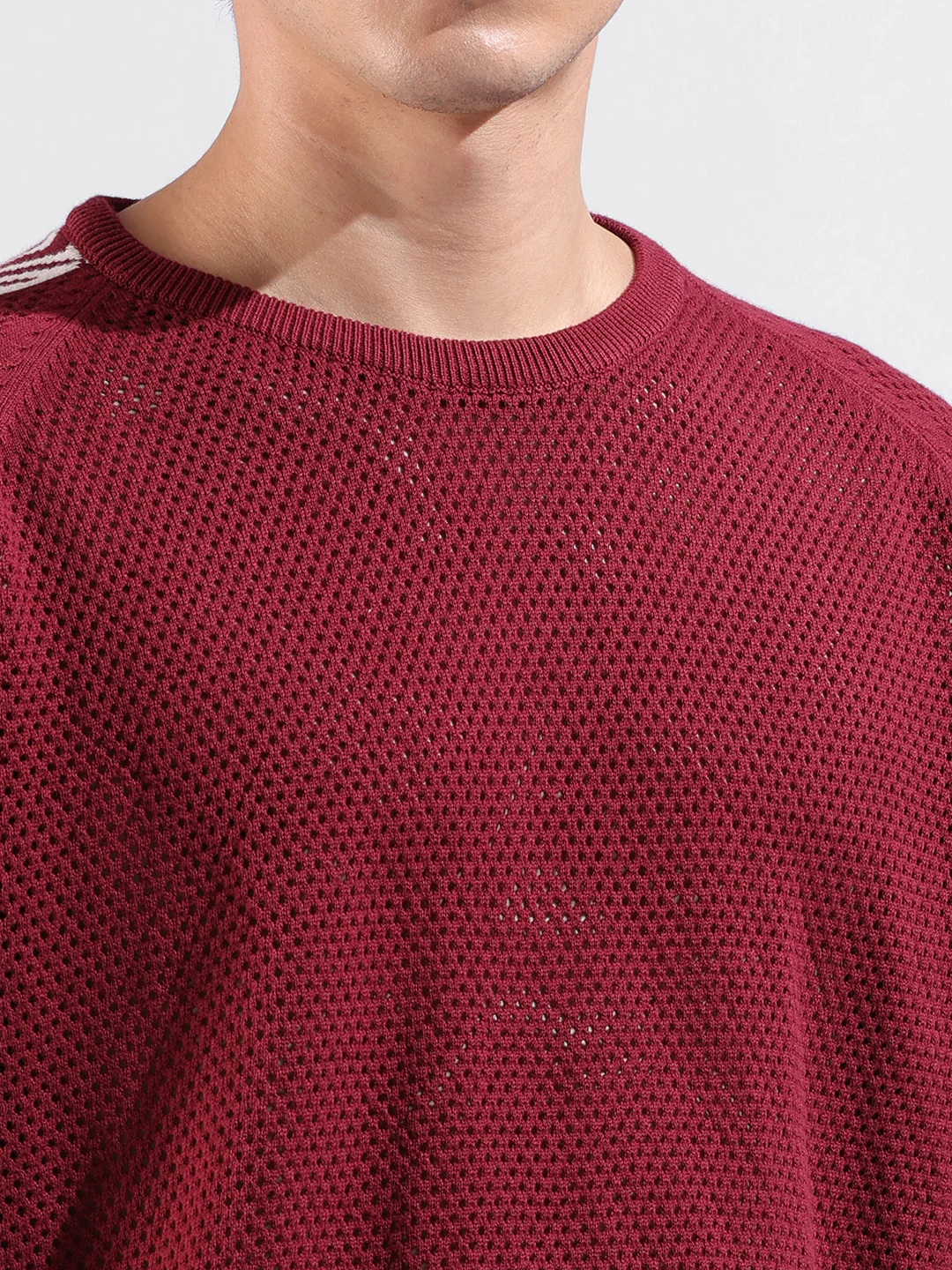 Men's Maroon Oversized Fit Solid Flat Knit Crew Neck T-Shirt - Image 6