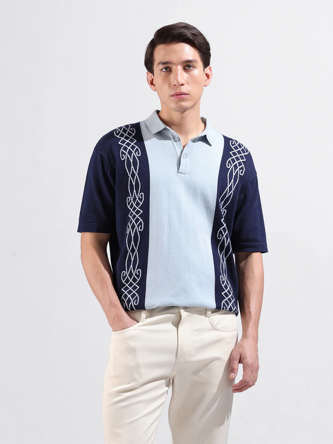 Men's Blue Oversized Fit Striped Flat Knit T-Shirt - Image 2