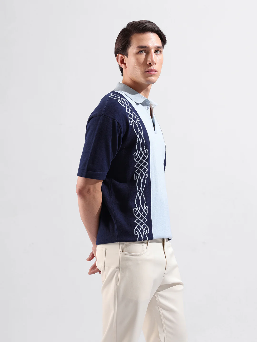 Men's Blue Oversized Fit Striped Flat Knit T-Shirt - Image 3