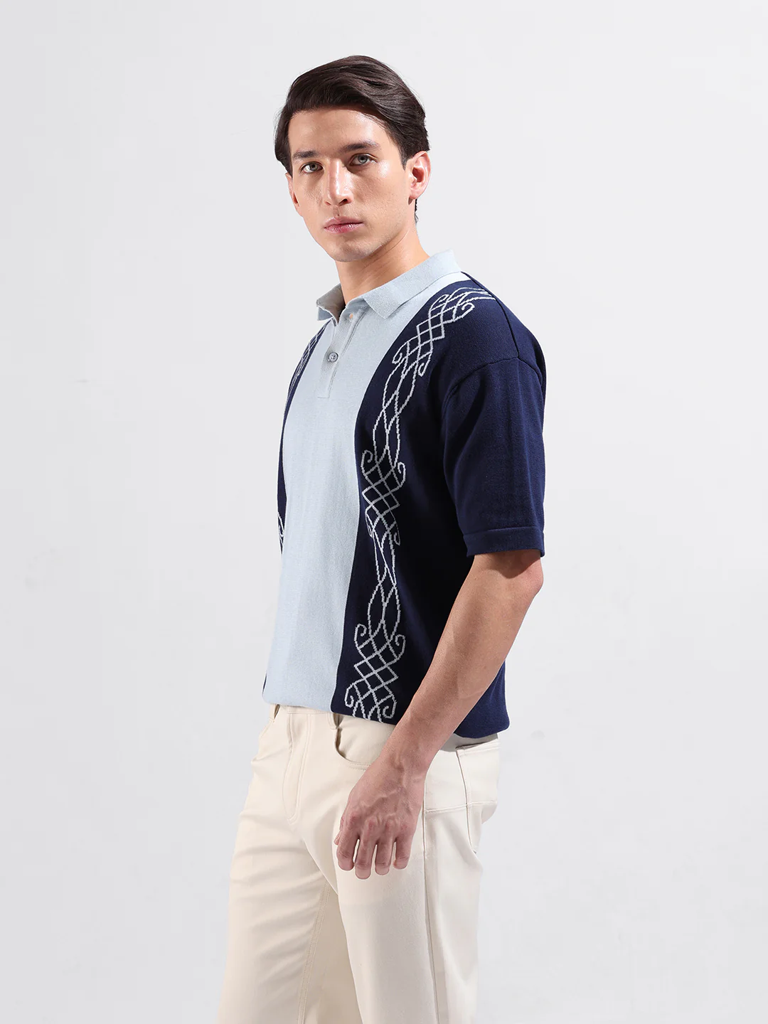 Men's Blue Oversized Fit Striped Flat Knit T-Shirt - Image 4