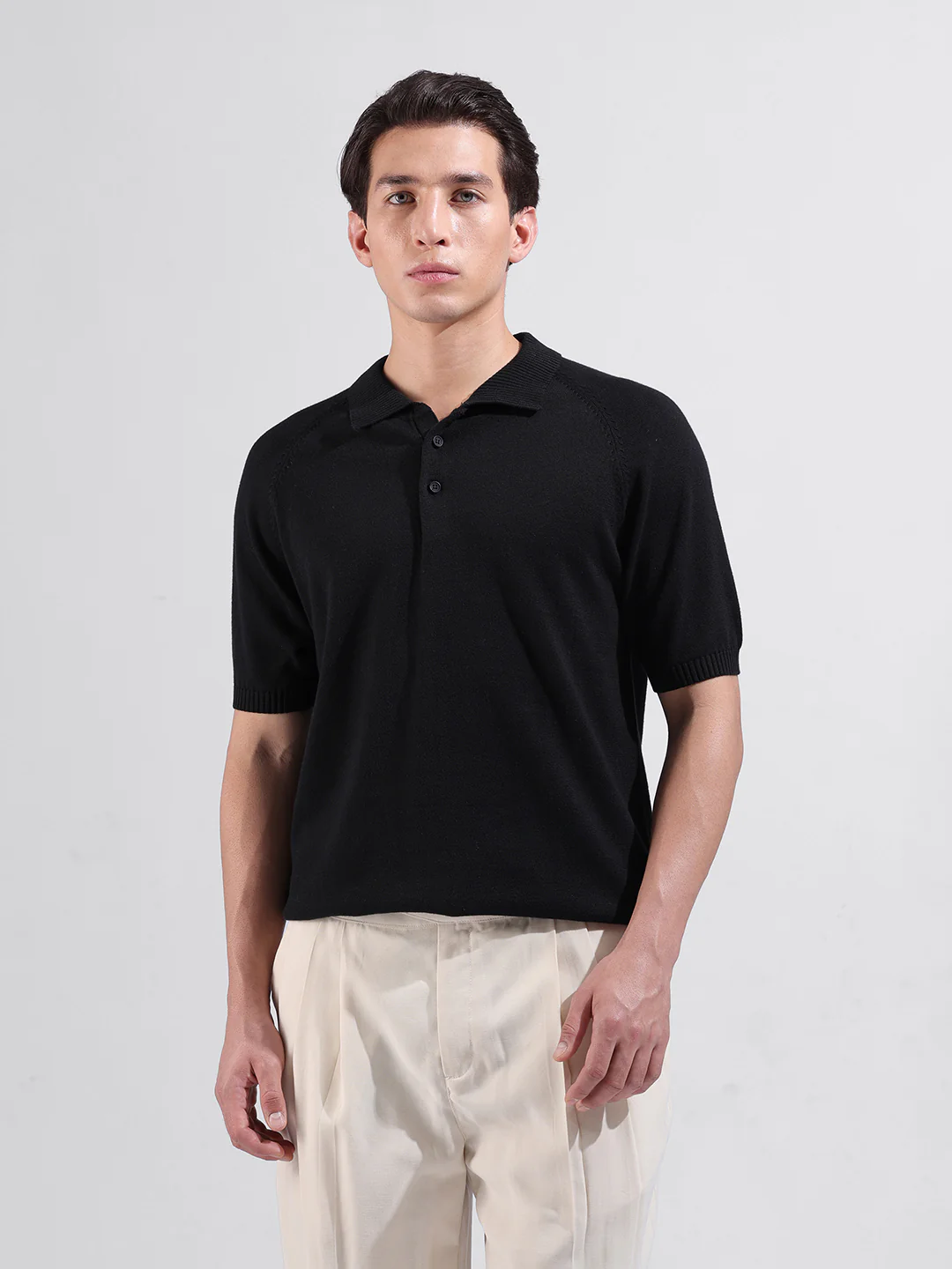 Men's Black Slim Fit Solid Flat Knit T-Shirt - Image 10