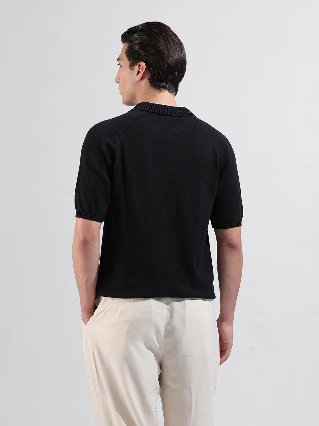 Men's Black Slim Fit Solid Flat Knit T-Shirt - Image 4