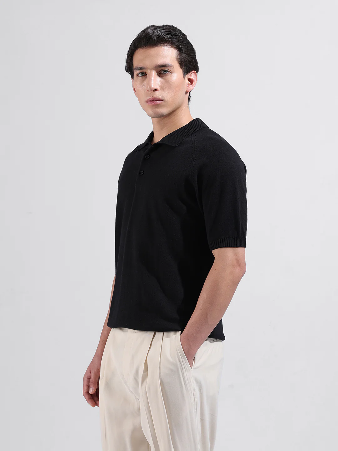 Men's Black Slim Fit Solid Flat Knit T-Shirt - Image 6