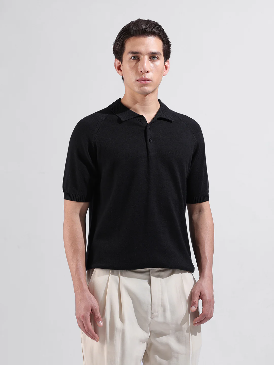 Men's Black Slim Fit Solid Flat Knit T-Shirt - Image 7