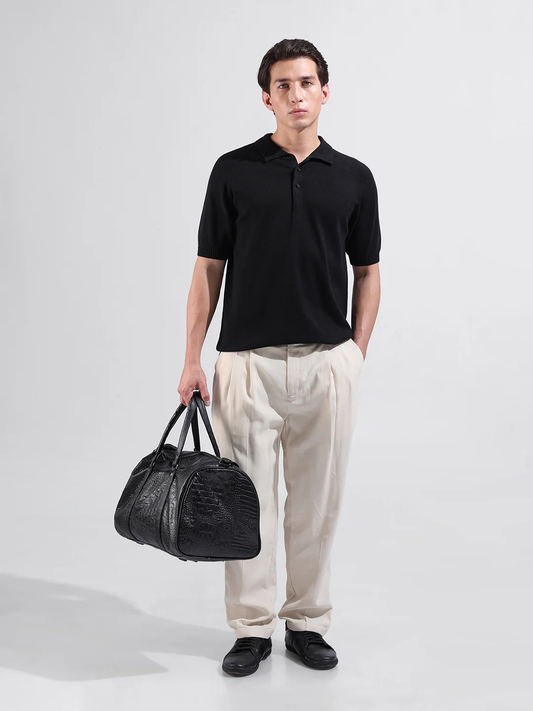Men's Black Slim Fit Solid Flat Knit T-Shirt - Image 9
